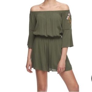 Love Fire Romper Boho Peasant in Olive Green w/Embroidered, Fly Away Sleeves.